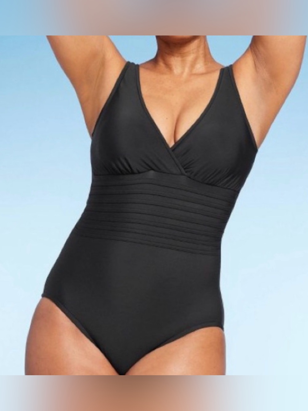 Classic Black V-Neck One-Piece Swimsuit by Aqua Green, Size XL